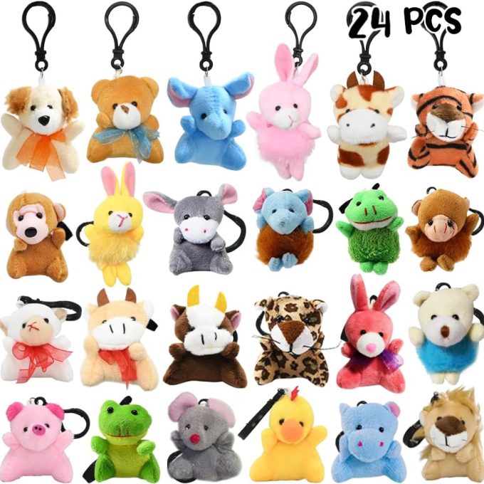 24Packs Mini Stuffed Animals Plush Keychain, Cute Small Tiny Stuffed Keychain Animal Plush Toys for Kids Valentines Easter Themed Parties, Goody Bags Filler