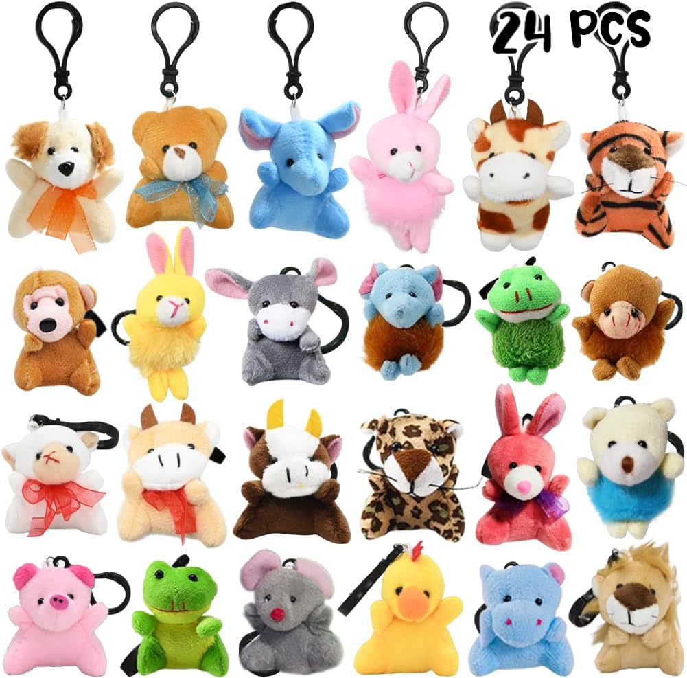 24Packs Mini Stuffed Animals Plush Keychain, Cute Small Tiny Stuffed Keychain Animal Plush Toys for Kids Valentines Easter Themed Parties, Goody Bags Filler