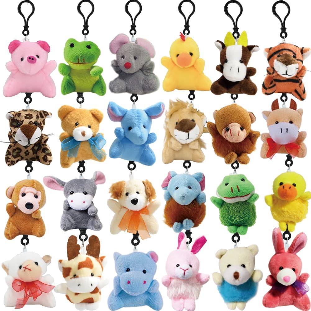 24Pack Mini Animal Plush Toy Set, Cute Animal Assortment Keychain Toys, Small Stuffed Animal Set Gifts for Kids, Christmas Stocking Stuffer, Easter Egg Filler, Valentine Classroom Prize