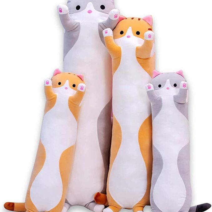 Cute Cat Plush Long Body Pillow Cuddle Cartoon Stuffed Animals Cat Plushie Soft Doll Pillows Gifts for Kids Girls (Gray, 51 Inches), 1 Count (Pack of 1)