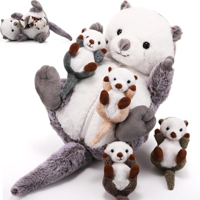 5 Pcs Sea Otter Stuffed Animals Large Mommy Sea Otter Stuffy Plush with 4 Cute Babies in Her Zippered Belly Soft Cuddly Plushies for Boys Girls Birthday Gifts Ocean Party Decors(Gray)