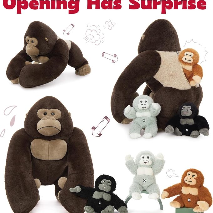 4Pcs Giant Gorilla Stuffed Animals -19.6" Large Brown Gorilla Plush with 3 Babies Stuffed Gorilla Inside, Soft and Cuddly Companion Plush Toy Gifts for Kids,Children,Boys,Girls