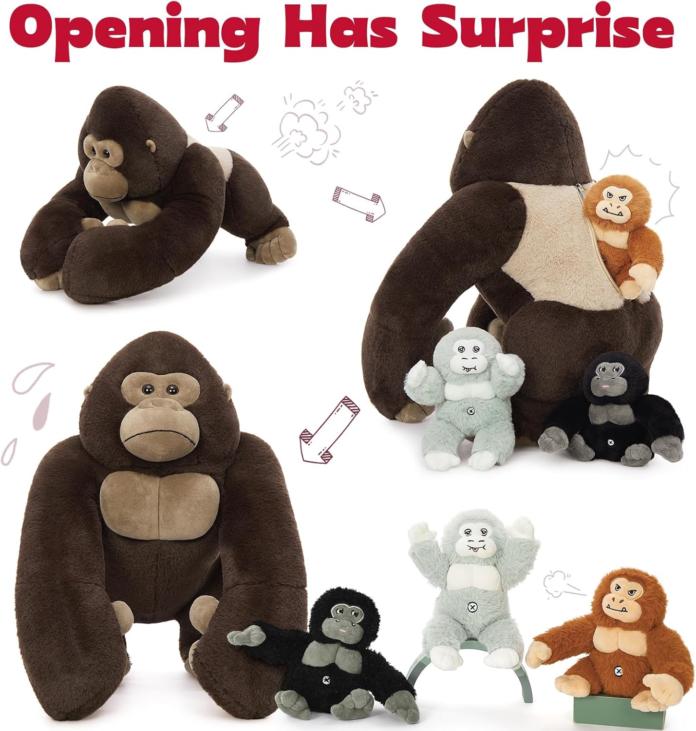 4Pcs Giant Gorilla Stuffed Animals -19.6" Large Brown Gorilla Plush with 3 Babies Stuffed Gorilla Inside, Soft and Cuddly Companion Plush Toy Gifts for Kids,Children,Boys,Girls - Image 2