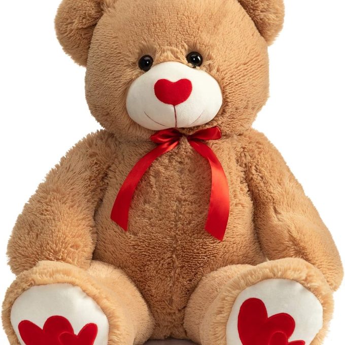 Big Teddy Bear Stuffed Animal Large Bear Plush with Red Heart for Girlfriend and Kids Holiday Toy Gift 36 inch Tan