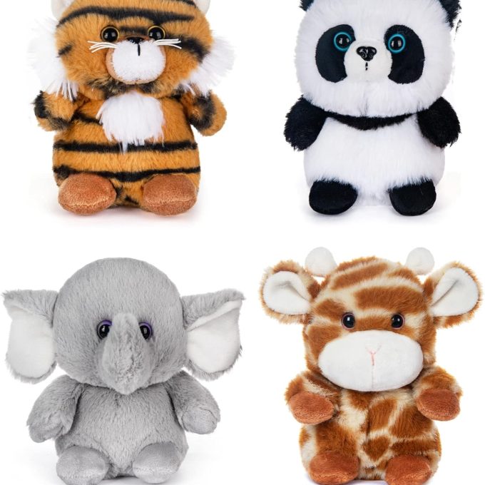 5" Forest Animal Plush Set - Panda, Elephant, Giraffe & Tiger Bundle for Kids & Babies (Pack of 4)