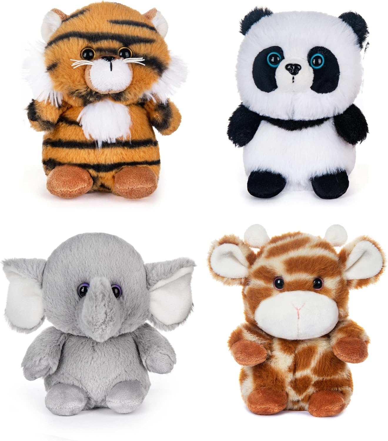 5" Forest Animal Plush Set - Panda, Elephant, Giraffe & Tiger Bundle for Kids & Babies (Pack of 4)