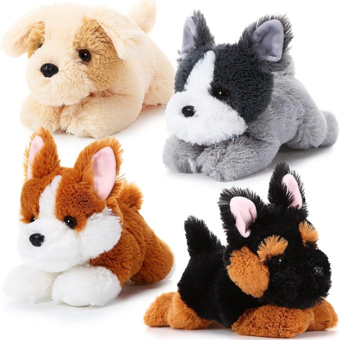 4 Pack 8 Inch Dog Plush Stuffed Animal Soft Fluffy Puppy Pillow Set Theme Party Favor Contains Corgi Schnauzer Golden Retriever German Shepherd Toy Gift (Classic Style)