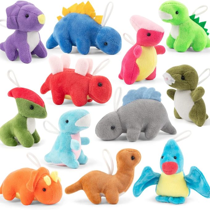 12 Pack Small Dinosaur Plush Toys, Mini Stuffed Animals Bulk for Kids Dinosaur Party Favors, Soft Dino Playset Keychains, Goodie Bag Stuffers for Toddler Boys Girls Carnival Prizes