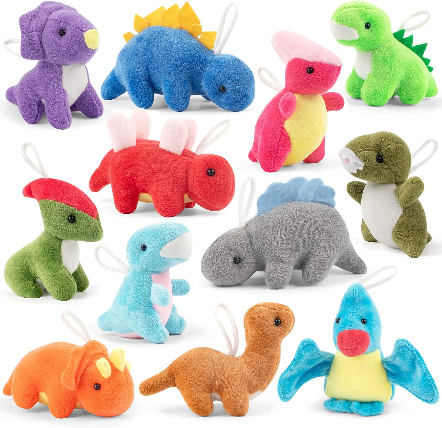12 Pack Small Dinosaur Plush Toys, Mini Stuffed Animals Bulk for Kids Dinosaur Party Favors, Soft Dino Playset Keychains, Goodie Bag Stuffers for Toddler Boys Girls Carnival Prizes