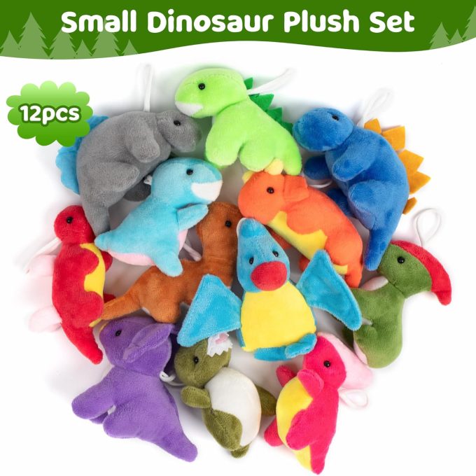 12 Pack Small Dinosaur Plush Toys, Mini Stuffed Animals Bulk for Kids Dinosaur Party Favors, Soft Dino Playset Keychains, Goodie Bag Stuffers for Toddler Boys Girls Carnival Prizes